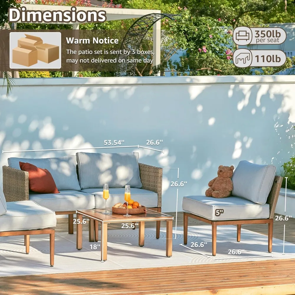 5-teiliges Terrassenmöbel-Set aus Korbgeflecht, Outdoor-Sofa, Rattan-Couch, Allwetter-Gesprächsset für den Außenbereich mit Metalltisch
