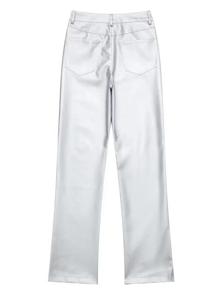 Pantaloni in ecopelle TRAF pantaloni donna argento a vita alta per donna pantaloni dritti lucidi donna Streetwear Y2K pantaloni invernali donna