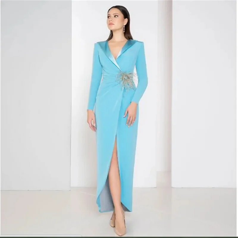 

2025 Luxury Mother of Bride Dresses Elegant Blue Long Sleeve Maxi Wedding Guest Dress Plus Size Party Gown New Customized