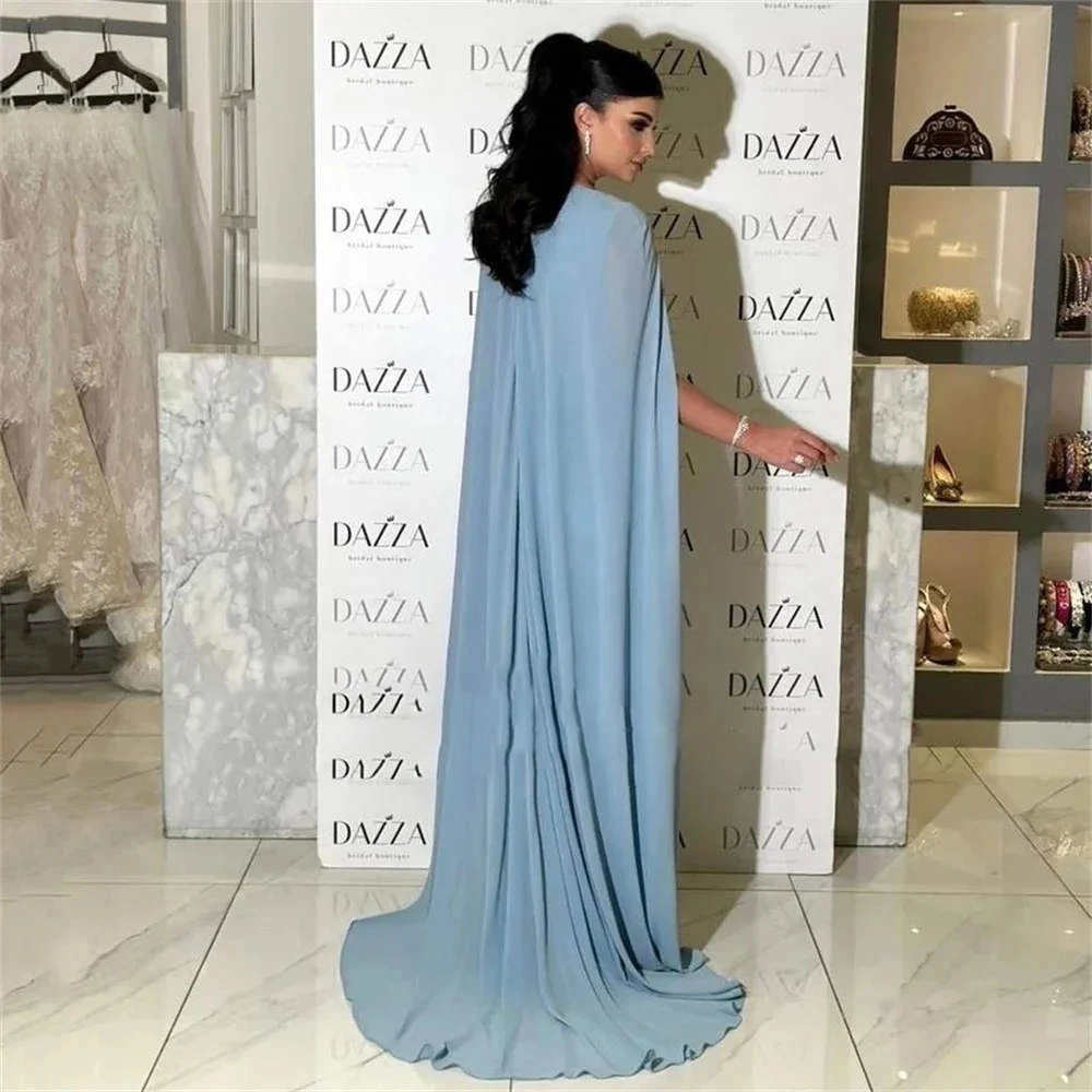 

High-end Banquet Dress Blue Irregular Neck Square Neck Long Sleeve Slim Tea-Length Dress for Party Pageant Prom Cocktail