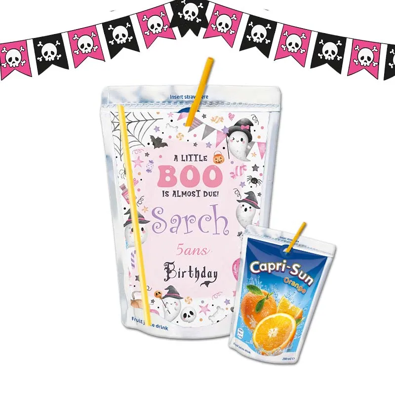 Etiquetas rosadas para bolsa de jugo de Halloween, pegatinas personalizadas para Kool Aid Drink, pegatinas de dibujos animados, decoración de fiesta para niñas