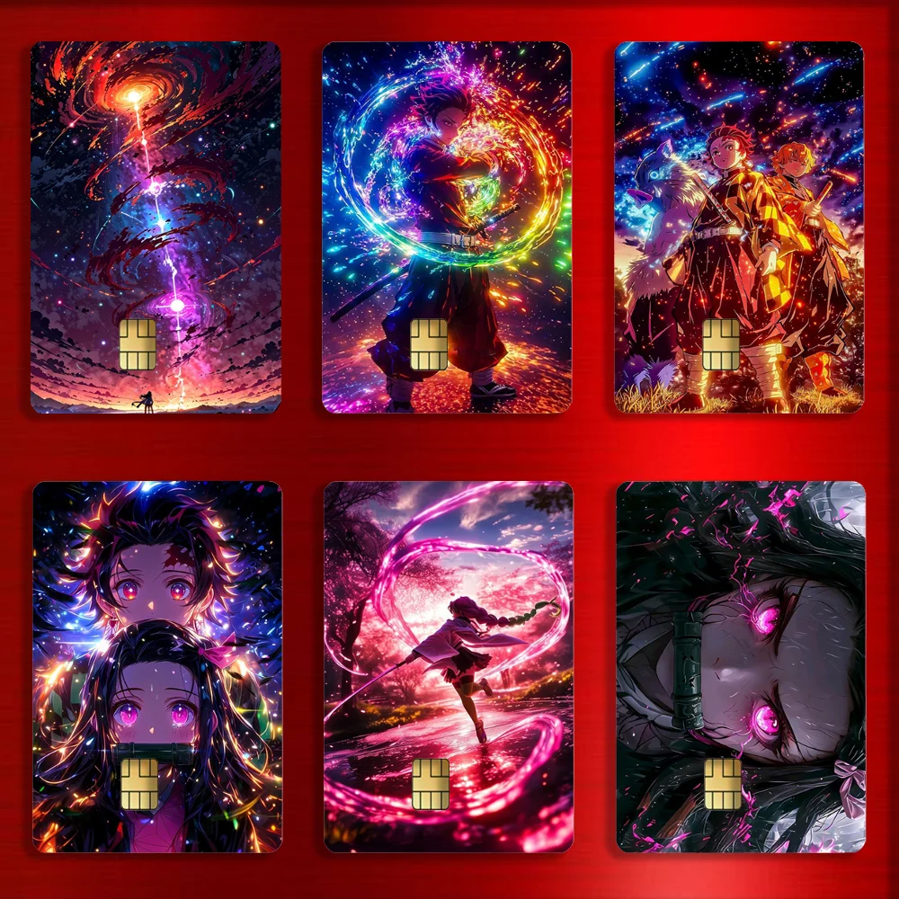 Demon T-Tanjiro Kamado N-Nezuko Stickers For Debit Bank Credit Cards Metro Bus Pass Sticker Decoration Cover 4PCS Card Skin