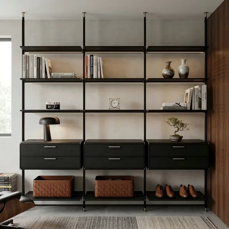 Floor to Ceiling Book Shelves Bookcases Modern Minimalist Modular Aluminum With Light Pole System for Living Room
