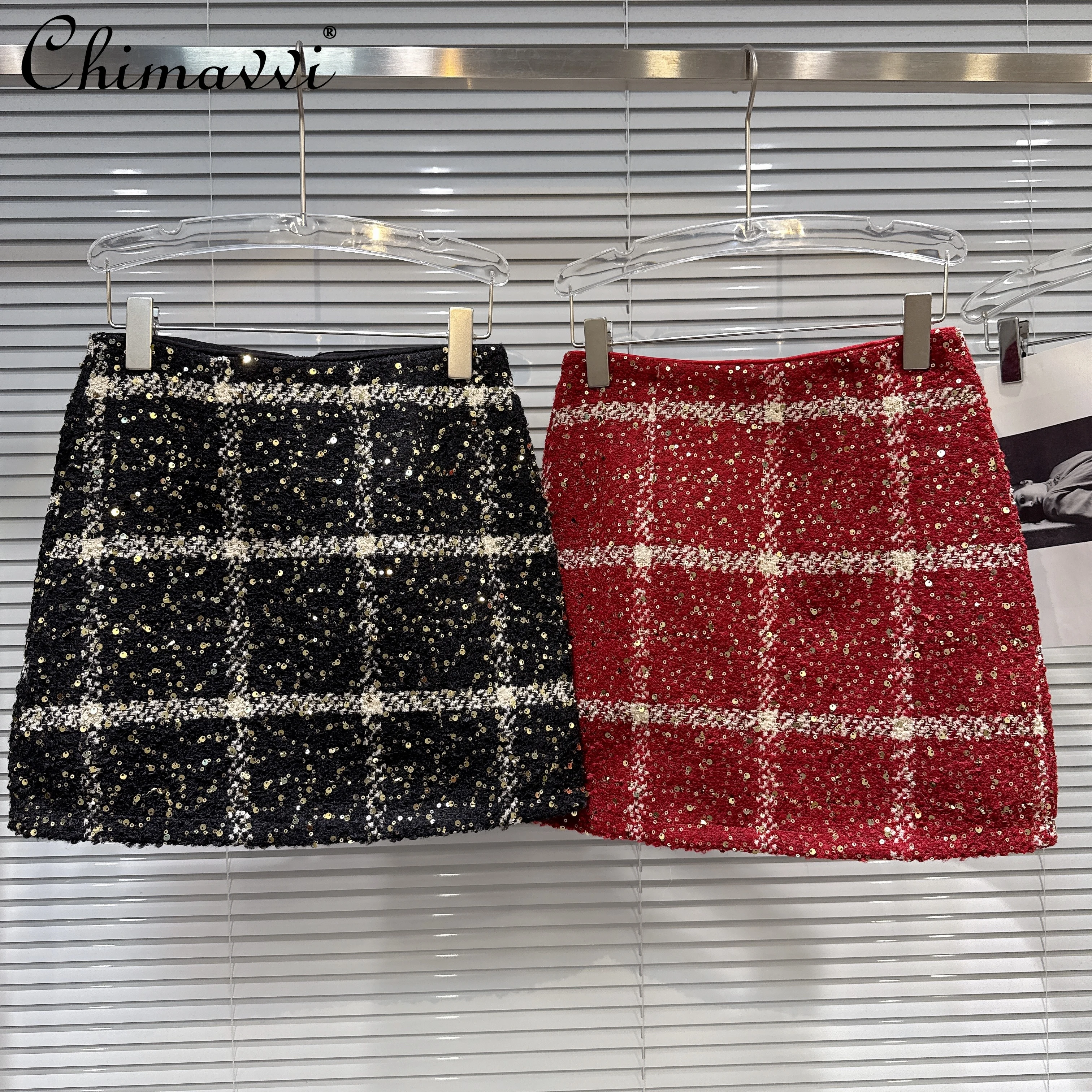 

Французские элегантные ретро светские юбки трапециевидной формы с высокой талией и блестками, тканые твидовые клетчатые темпераментные универсальные короткие юбки, женская зимняя