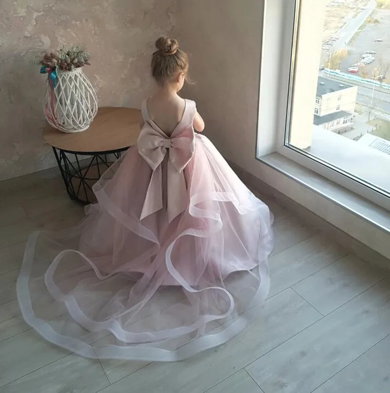 Dusty Rose Flower Girl Dress Satin Baby Dress First Birthday Dress Baby Wedding Dress Toddler Gown with Detachable Train