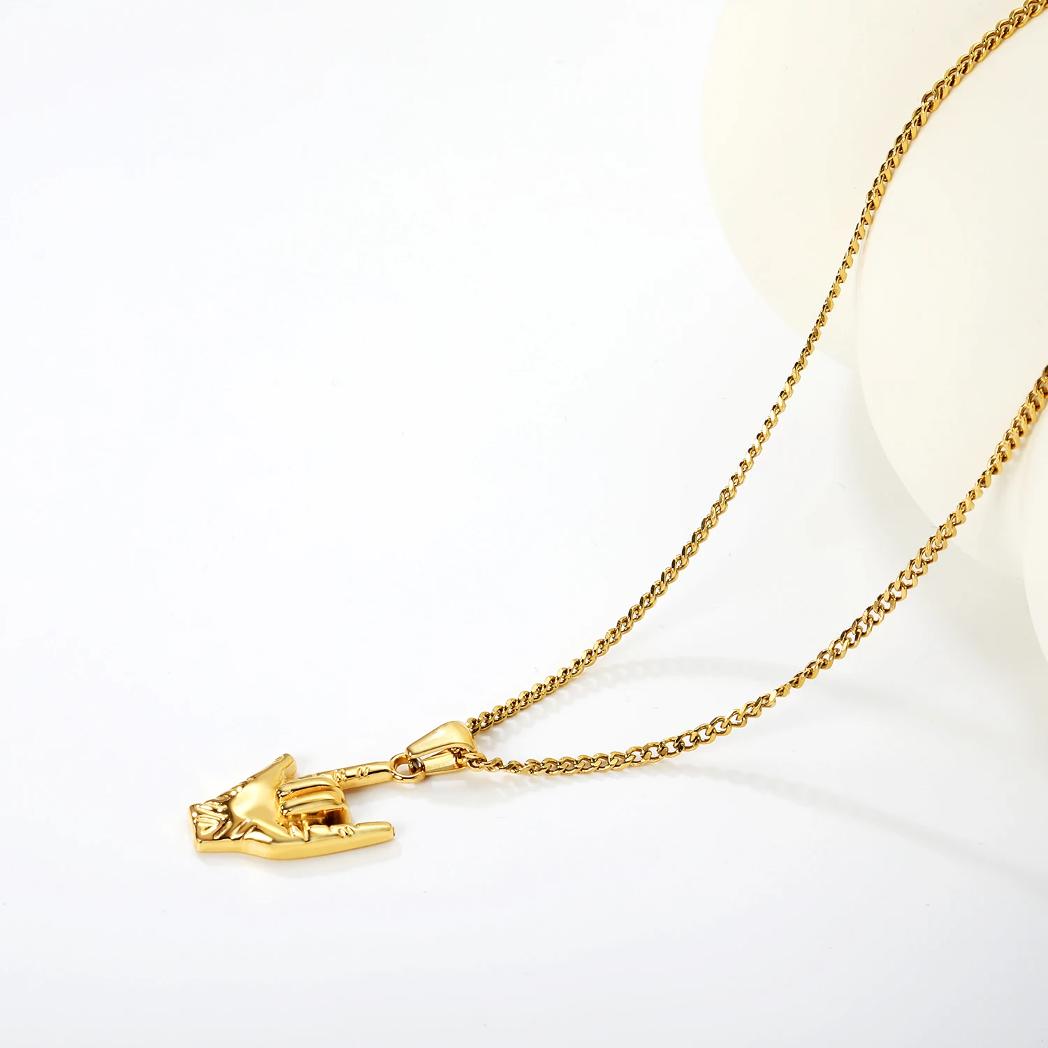 Punk Cool Stainless Steel I Love You Gesture Sign Pendant Necklaces for Woman Men Couple Figaro Chain Anniversary Jewelry Gifts