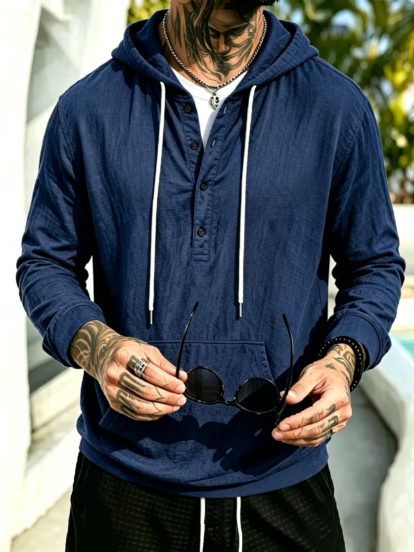 Men's Hooded Pullover Sweatshirt & Pants Casual Set, Sport Casual Breathable Textured Loose 2 Piece Outfit with Henley Placket,