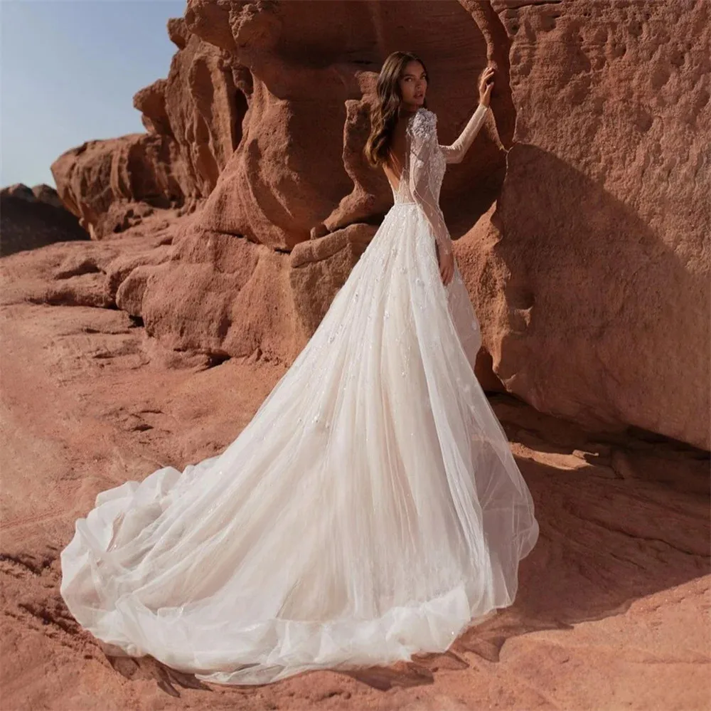 Neue A-E Braut V-ausschnitt Mit Langen Ärmeln Applique Tüll Mit Zug Kleider Für Frau Hochzeit Kleid Vestidos De Novia