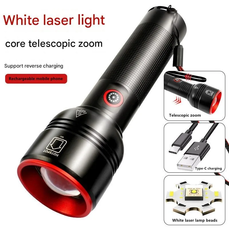 Ультра-яркий мощный белый лазер TYPE-C, перезаряжаемый многофункциональный фонарик с бесконечным зумом, сильный свет, лазерная пушка