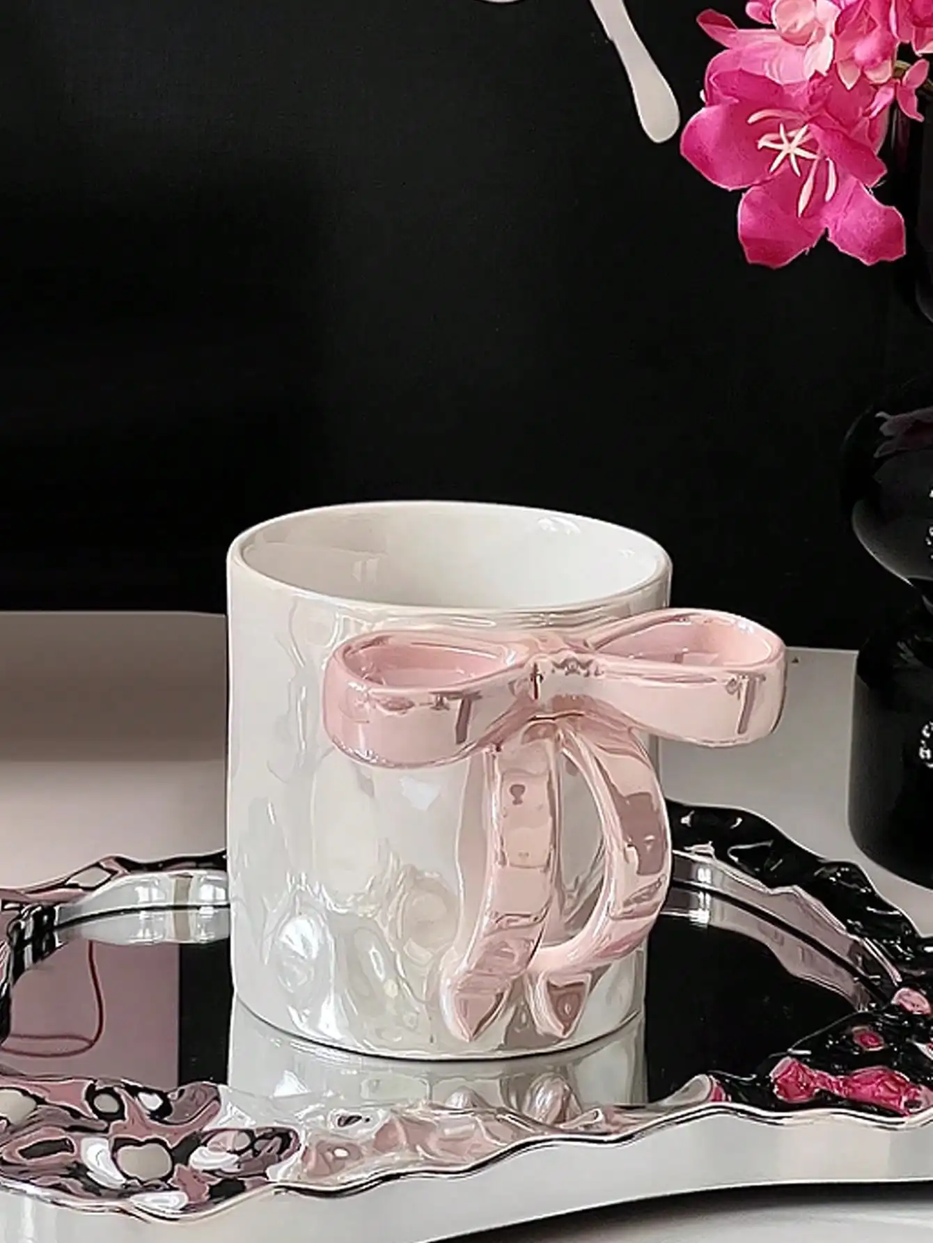 Ins style dreamy bow ceramic mug with high aesthetic value, drinking cup, coffee cup