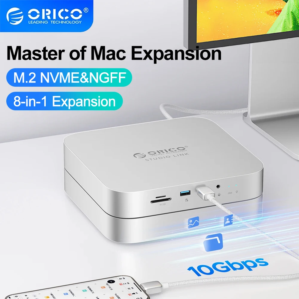 

ORICO USB C HUB USB3.2 10GB SD/TF3.0 8-in-1 Docking Station for Mac Mini Chassis with M.2 NVME Solid State Drive for MAC Laptop