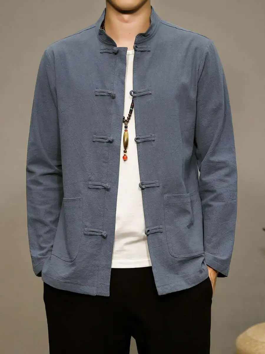 

Autumn Fashion Men's Loose Fit Long Sleeve Cotton Linen Shirt Stand Collar Hanfu Style Button up Male Model Clothing