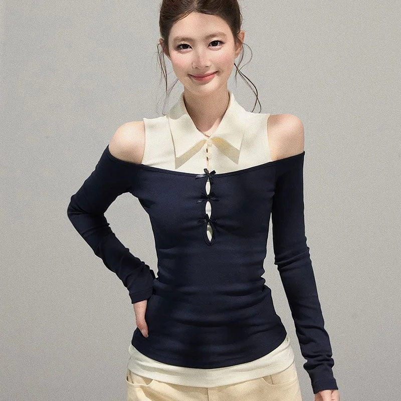 

American retro spicy girl trend long sleeved t-shirt autumn and winter women slim fit design fake two-piece tops emo