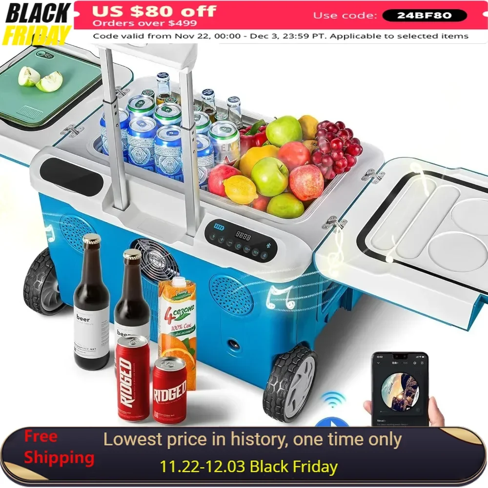 Refrigerator with Stretchable Handles and Wheels, Dual Zone Car Cooler WIFI APP Control, Energy Saving, Portable Refrigerator