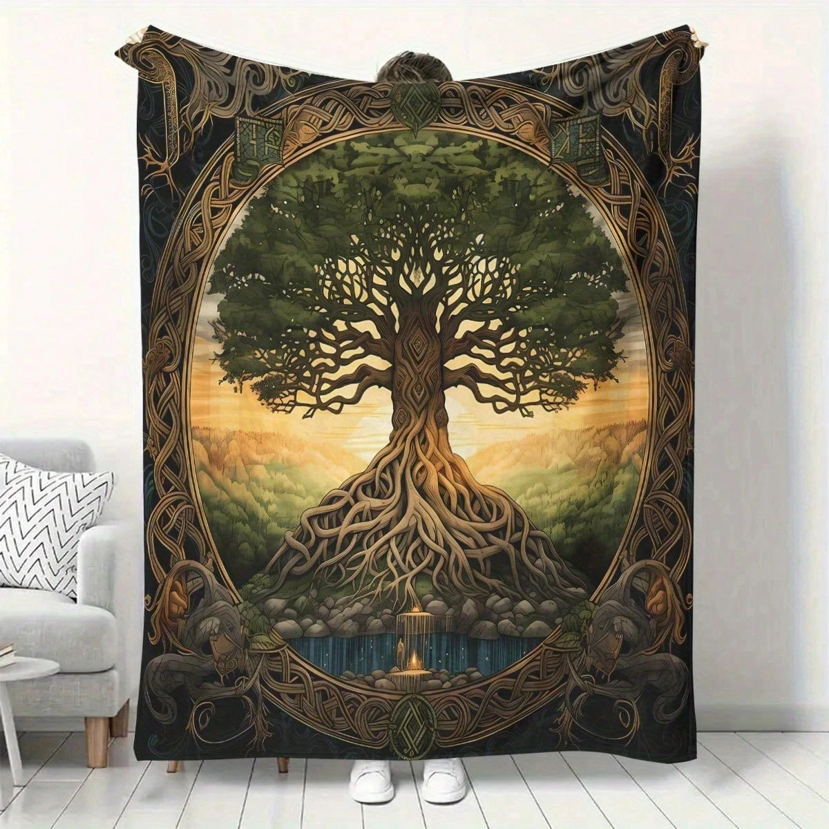 Keltische Lebensbaum-Flanelldecke – Filigraner Knoten, Polyester-Ganzjahresdecke für Sofa, Bett, Auto, Dekoration, Geschenk