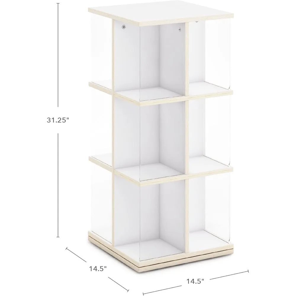 Rotating Book Display - White: Spinning Plywood Storage Bookshelf with Acrylic Windows for Kids Classroom, Playroom, or Bedroom