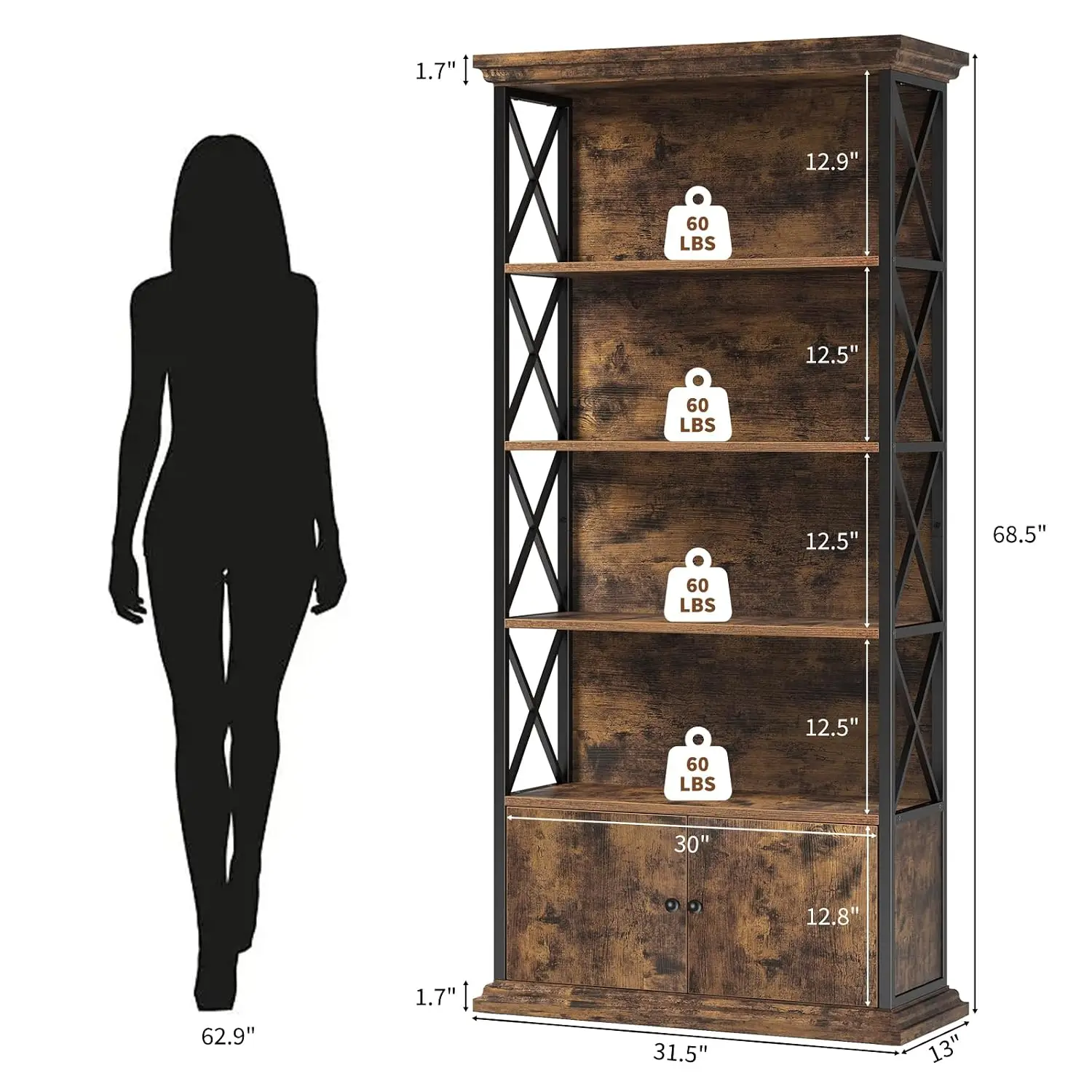 5-Tier Bookcase with Doors, 68.5