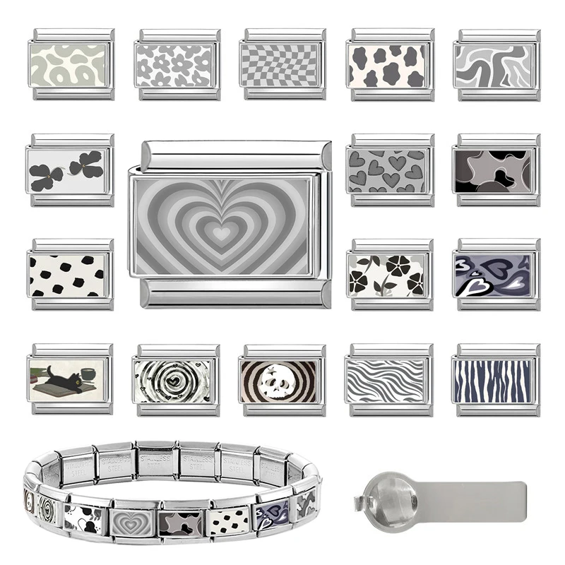 Bracelet Y2K en acier inoxydable gris avec breloques italiennes motif chat, cœur et fleur, pour hommes et femmes, idéal pour la fabrication de bijoux DIY, cadeau tendance