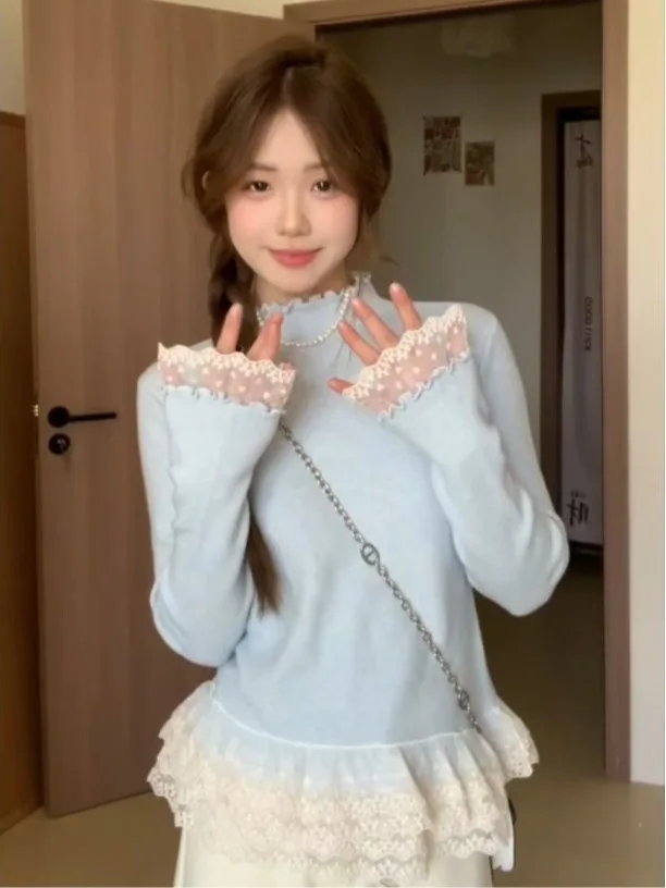 

Korean Sle Sweet Lace Splice High Collar Long Sve Women's T-irt Autumn Winter Soft ort Base irt Boting Top