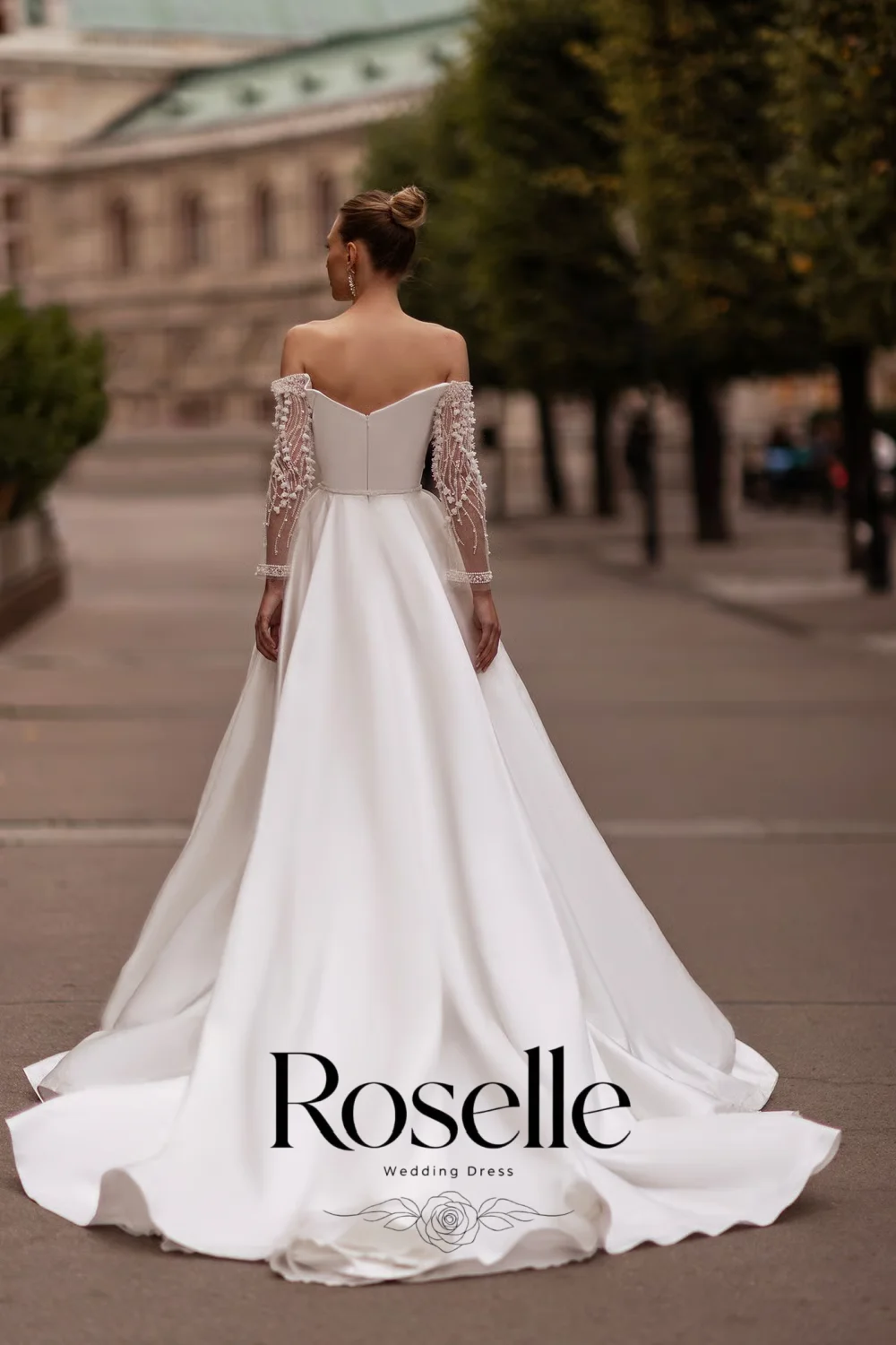 ROSELLE V-Neck Off Shoulder Long Sleeve With Beading Flower Wedding Dress A-line High Side Slit 2026 Customized свадебное платье