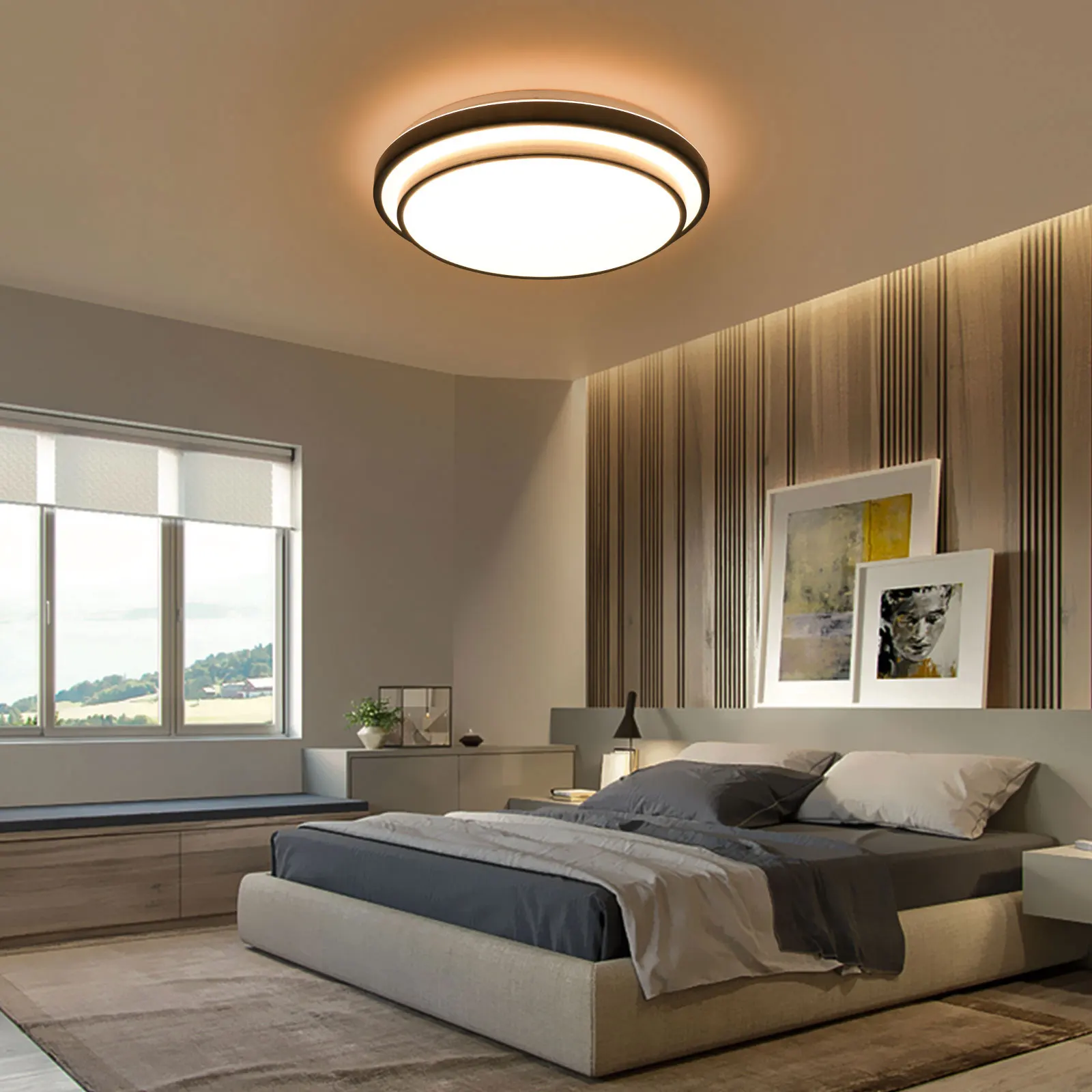 Ceiling Lights with LED, White & Silver, Remote Control, Adjustable Brightness, Stylish Double-Layer Design for Living Room