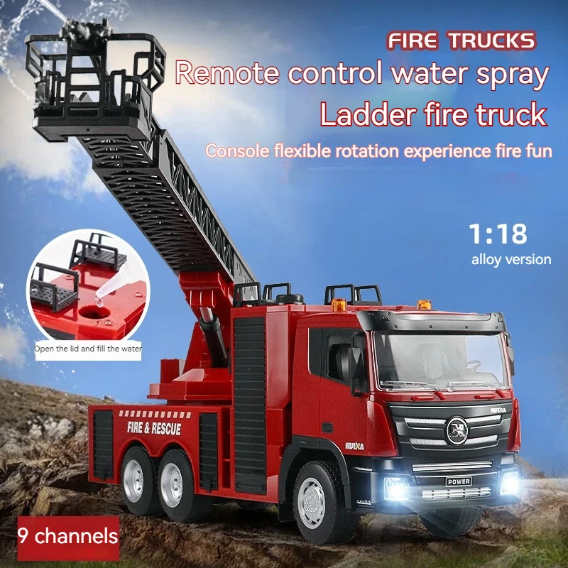 Wireless Remote Control Car New Product 9-channel Remote Control Fire Truck 1:24 Electric Lifting Ladder Simulation Car Model To