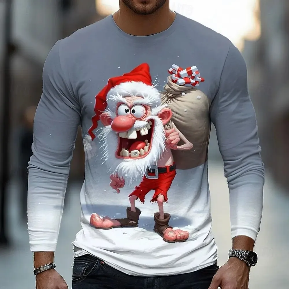 

Men's Autumn-Winter Christmas Elf Funny Round-Neck Long-Sleeved 3d Printed T-Shirt Loose Casual Large-Size Pullover Shirt