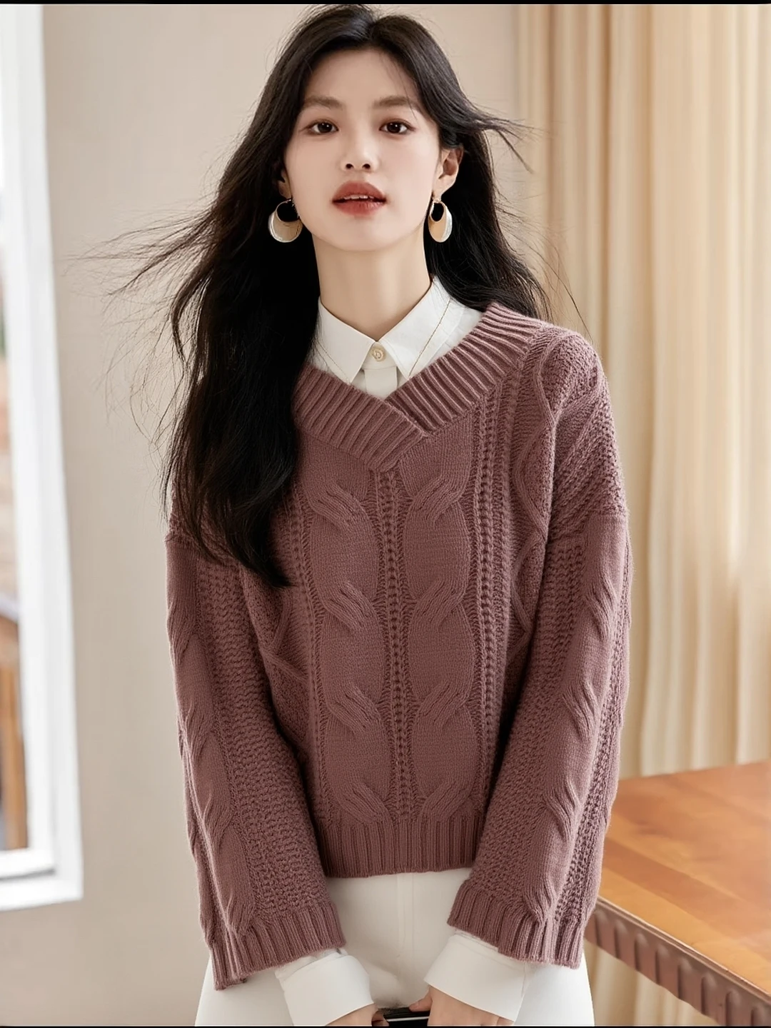 

Осень-зима, свободный женский свитер V-Ne, повседневный топ для поездок на работу, длинный ор, дизайн Ba, удобная трикотажная одежда