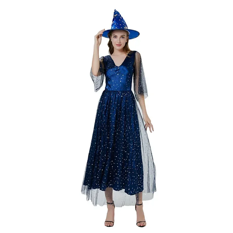 Halloween Witch Magician Drama Costume Adult V-neck Gauze Blue Starmoon Witch