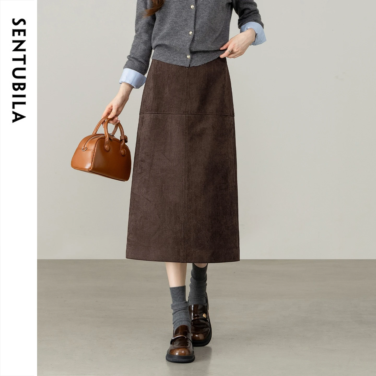 SENTUBILA Women's Faux Suede Skirt Winter Retro Brown High Waist Straight Midi 2026 Back Center Slit Commute Skirt 164QF6398
