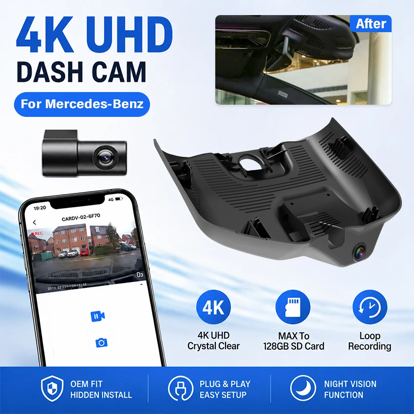 4K WiFi Car DVR for Mercedes‑Benz EQE V295 2022‑2026 350+ 500 53 AMG Dashcam Plug and Play Hidden Driving Recorder Camera