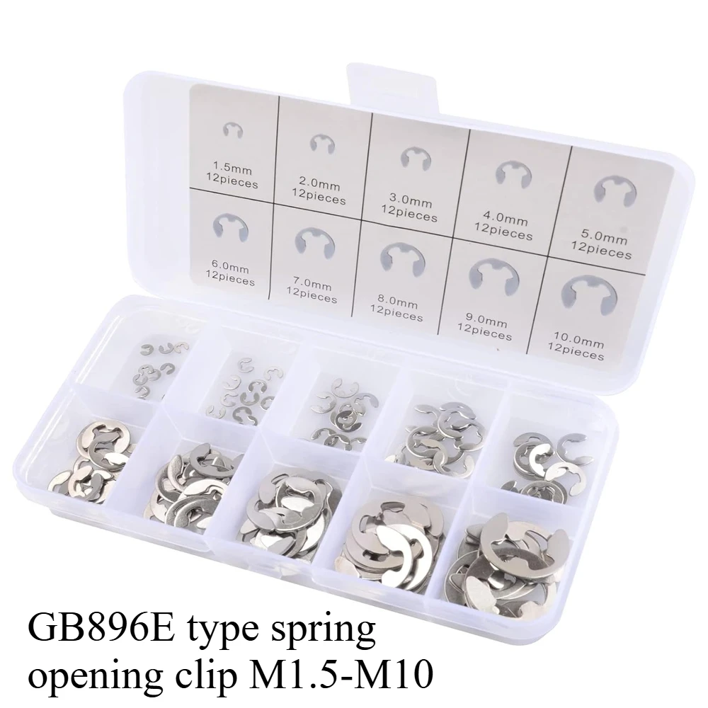 

304 Stainless Steel E Clip Assortment Kit E-Clip External Retaining Ring Box Set M1.5-M10 E Type Spring Opening Clip 120pcs