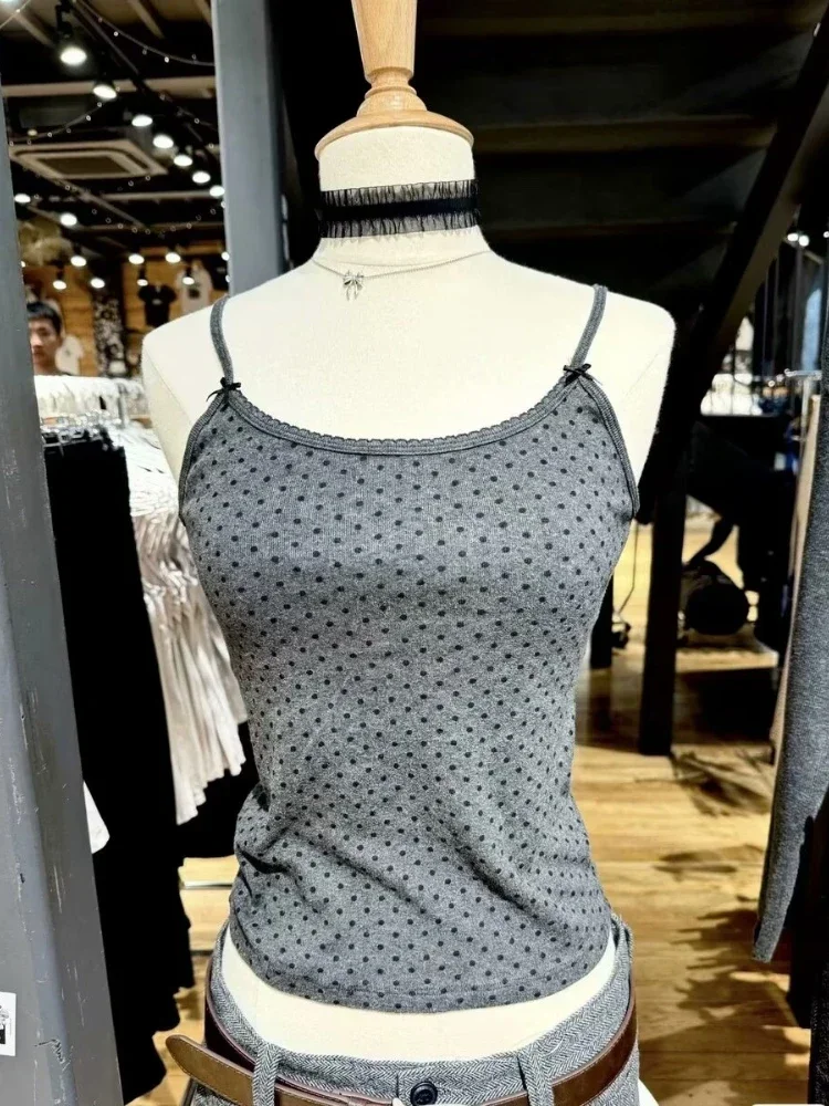 Streetwear เสื้อหวานผู้หญิงฤดูร้อนสายคล้องคอ Casual Vintage แขนกุดผ้าฝ้าย Camisole Dot Lace Trim Slim Tank Y2k Crop Top ใหม่