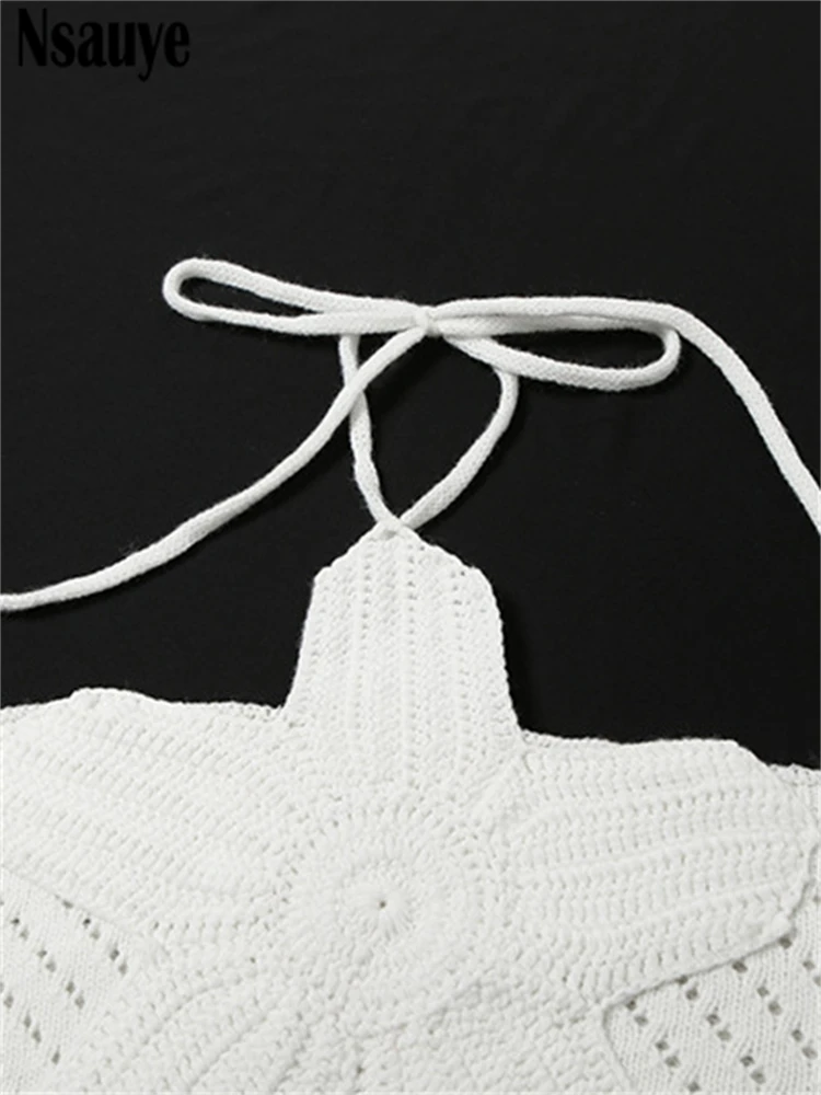 Nsauye Flower Knitted Halter Chic Off Shoulder Crop Top Sexy Club Fashion Women Summer Sleeveless Hollow Out Beach Tank Tops