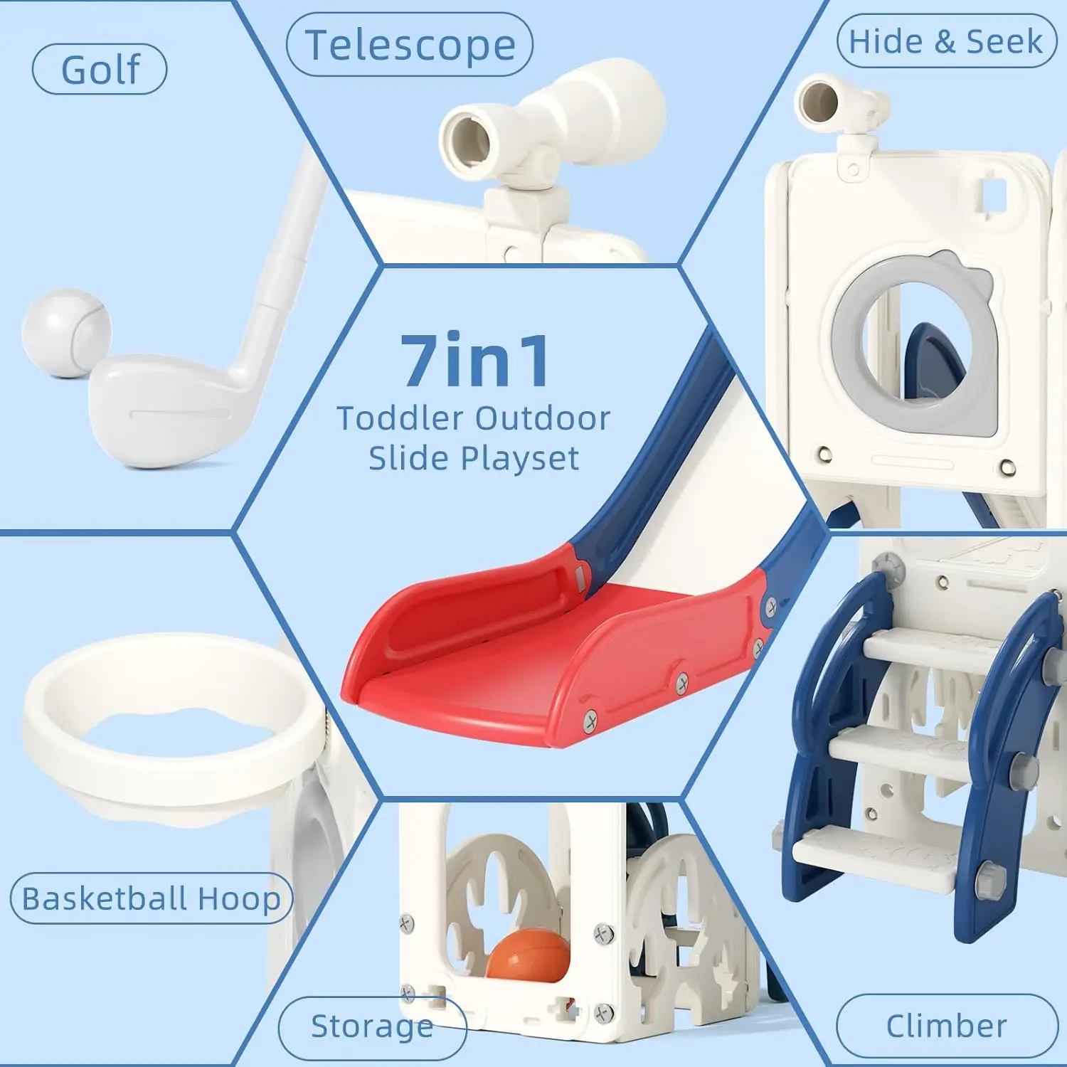Scivolo per bambini 7 in 1, scivolo per bambini per bambini di 1-3 anni, interno ed esterno con canestro da basket e set da golf, plastica Sl