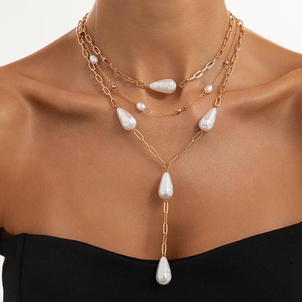 IngeSight.Z Bohemia Waterdrop Imitation Pearl Pendant Necklace Women Trendy Y Shaped Multi Layer Clavicle Chain Wedding Jewelry