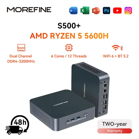 MOREFINE S500+ Ryzen 5 5600H 7430U CPU Mini PC Windows 11 Dual R45 LAN NVMe SSD Gaming Desktop with HD DP Type-C WiFi6 BT5.2
