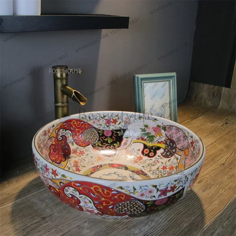 FG Luxury Hotel Bathroom Sinks European Ceramic Wash Basin Retro Round Single Basin Balcony Toilet Creative Hand Painted  Art Ba