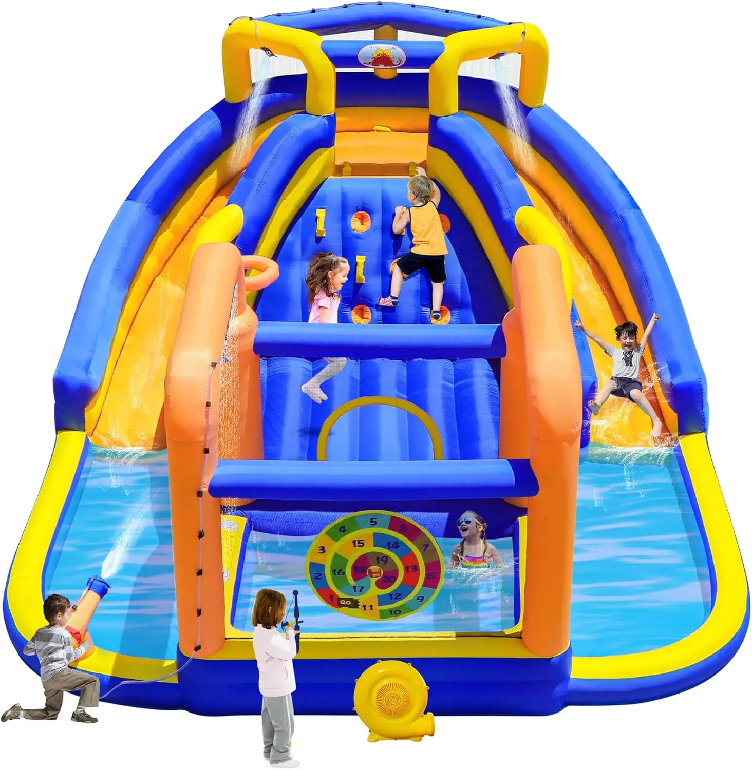 

Надувной батут-замок для двоих с вентилятором, 171 x 160 x 90 дюймов, с скалодромом, дартсом и играми с луком и стрелами