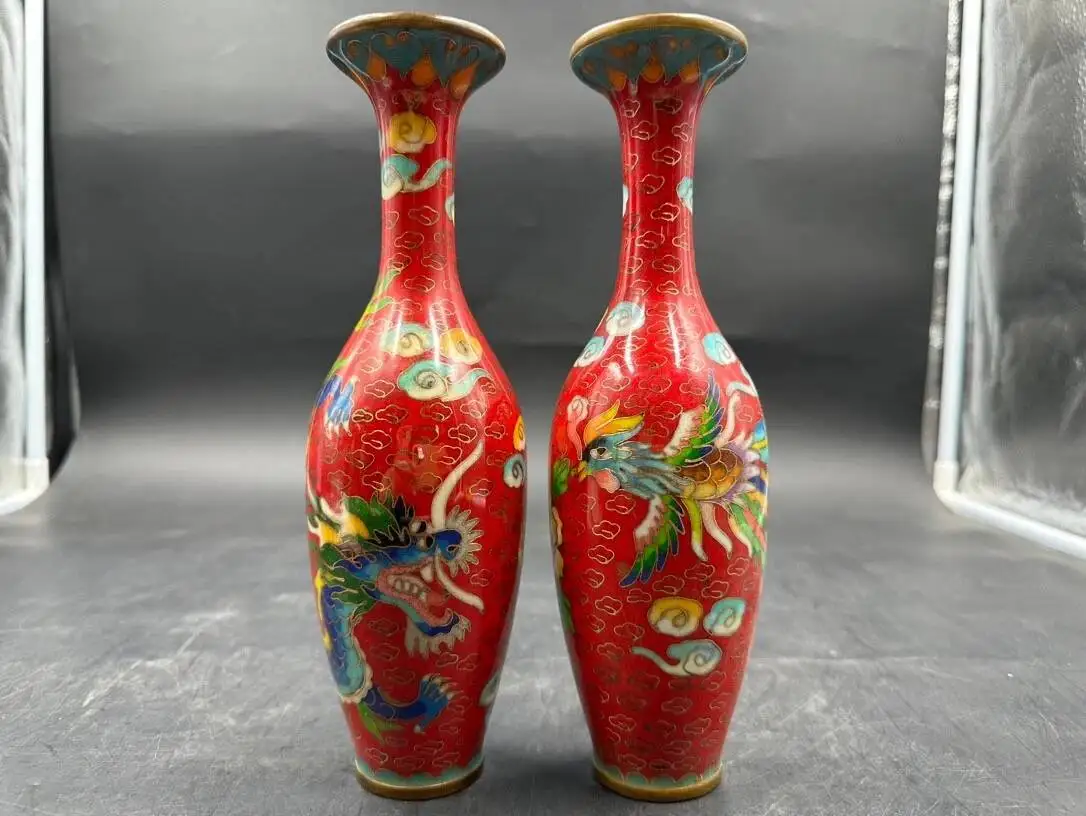 Collect Chinese Cloisonne Enamel Handmade Painted Dragon Phoenix Vase Ornament