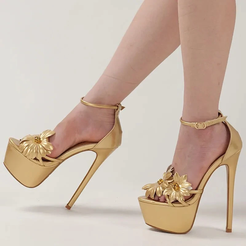 

Aneikeh/женские сандалии на очень высоком каблуке 16 см с золотым цветком и бриллиантами, модные вечерние туфли на платформе с пряжкой и ремешком