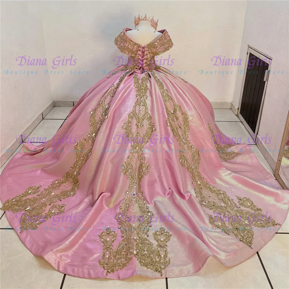 New Gorgeous Pink Satin Fluffy Exquisite Gold Applique Flower Girl Dress for Wedding Birthday Party First Communion Gowns
