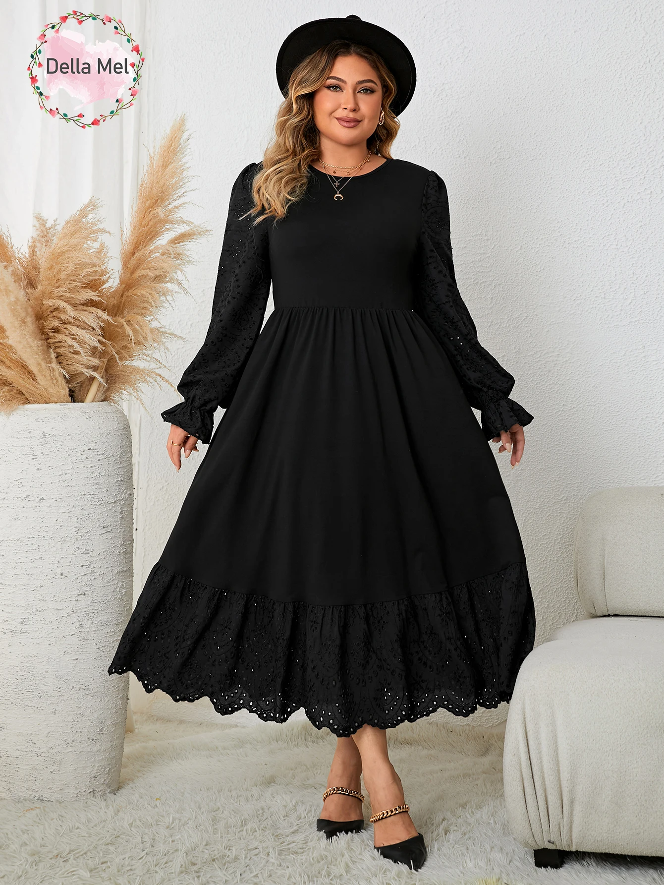 

Black Elegant Women's Dresses Casual Hollow Puff Long Sleeve Plus Size Maxi Dress Lady Party Evening Clothing Large Size Dress