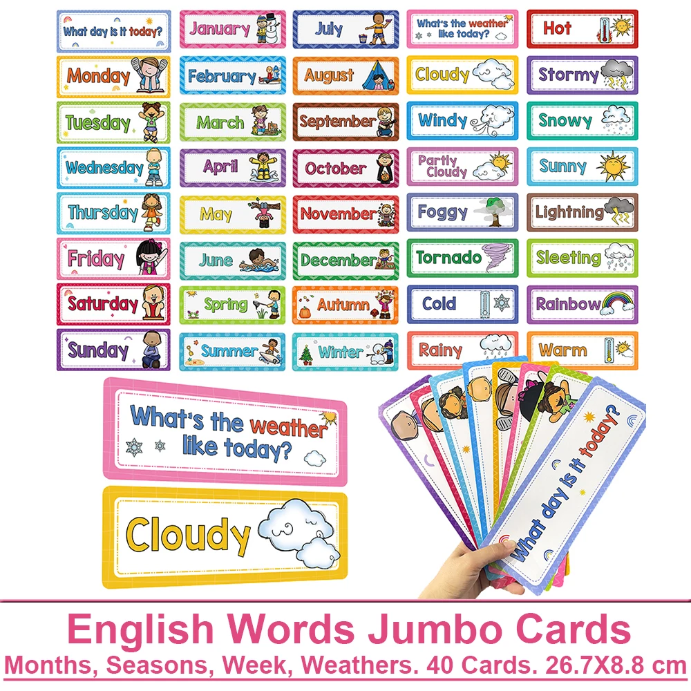 40 Pcs Week/Seasonl/Months/Weather English Words Learning Cards Classroom WhiteBoard Decoration Teacher Teaching Aids Montessori