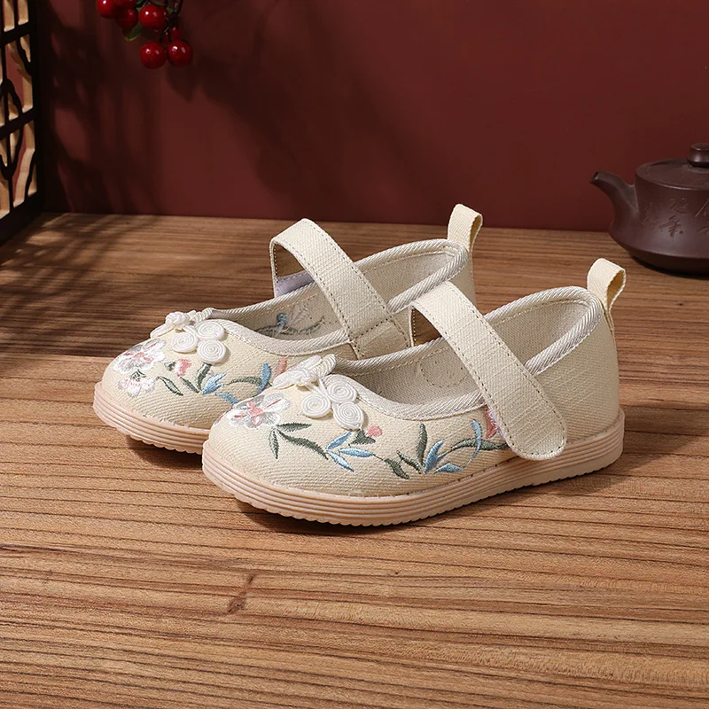 Embroidered Shoes for Girls Chinese Style Cotton Cloth Shoes For Chinese Dance Pink Beige Children Flat Princess Shoes for Kids