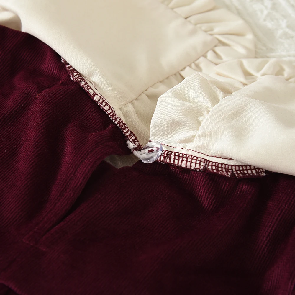 Frühlings- und Herbst-Neuheit: Weinrotes Retro-Prinzessinnenkleid mit Blumenstickerei, weißem Puppenkragen und langen Ärmeln für Mädchen. – Detail 6