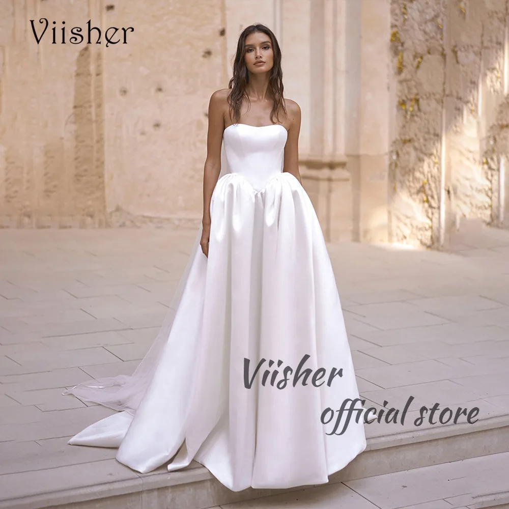 Weißer Satin eine Linie Brautkleider träger lose lange Strand Hochzeit Brautkleider mit Zug maßge schneiderte Brautkleid