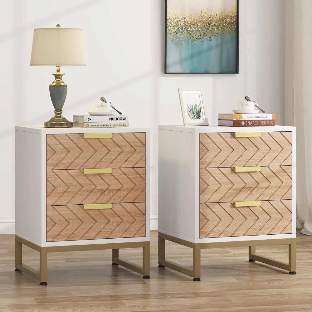 Nightstand Set of 2, Modern 3 Drawers Bedside Table with Unique Zig Zag Design, White Gold Side End Table Set of 2