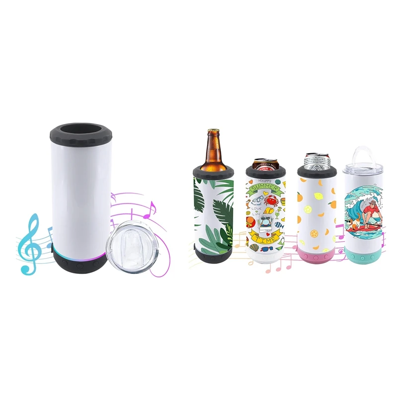 1-pack 16 Oz gesublimeerde blanco Bluetooth-luidspreker roestvrij staal geïsoleerd 4-in-1 blik gekoelde bierhouder duurzaam