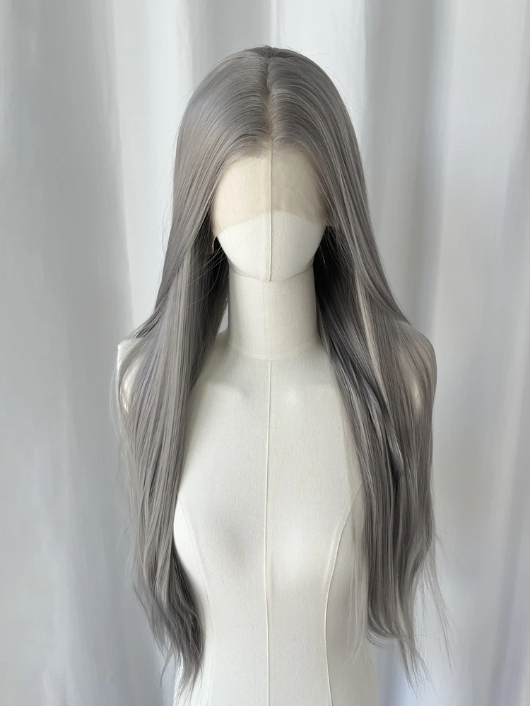 BeiBei 13X4 الدانتيل شعر مستعار أمامي طويل مستقيم رمادي الاصطناعية الدانتيل الباروكات للنساء السود مع ارتفاع درجة الحرارة الألياف 26 بوصة رمادي الباروكات #2